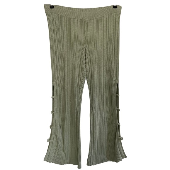 Free People Pants - Free People FP Beach Sage Green Ribbed Knit Wide Leg Side Slit Pants Small Boho